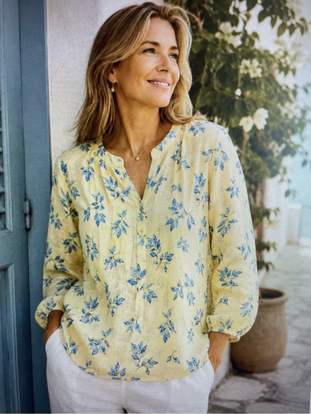 J. Jill Yellow Linen Blouse with Blue Floral Print